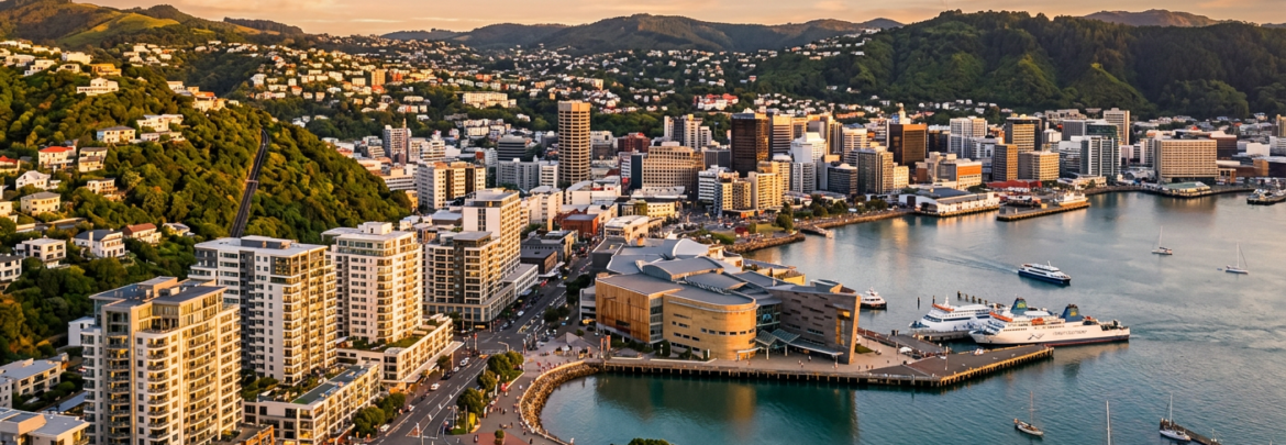 Wellington property investment, aerial view of Wellington harbour and CBD