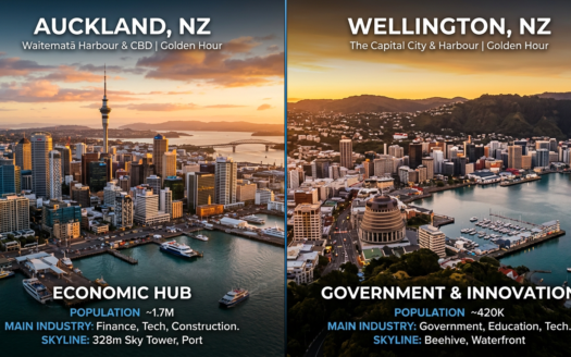 Auckland vs Wellington property, aerial comparison of both New Zealand city investment markets