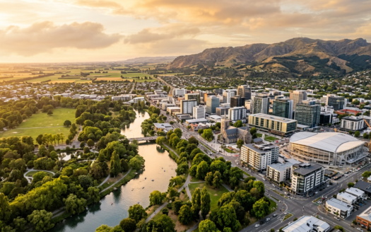Christchurch property investment, aerial view of Christchurch CBD and Port Hills for APAC investors 2026