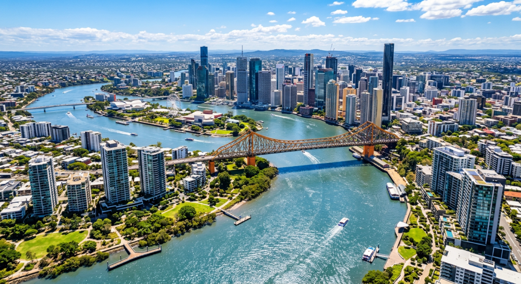 Brisbane Australia river and CBD aerial view 2032 Olympics property investment